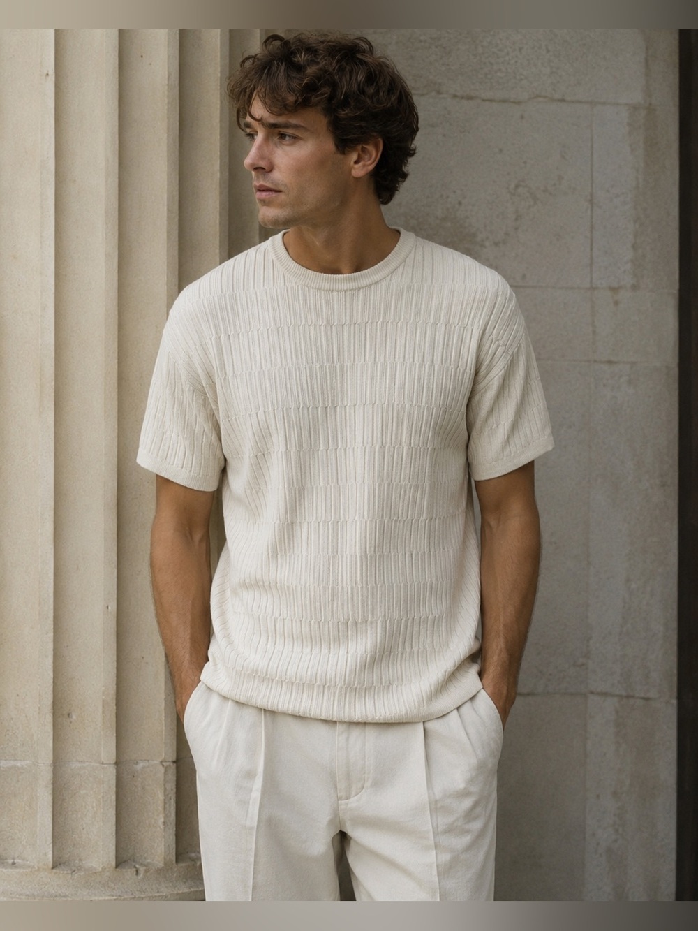 NWT Men's Bobby‎ Chan 100% Silk Cream Crew Size L Nautical Coastal EuroSummer